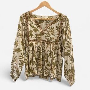 World Market Women Green Floral Embroidered Babydoll Peasant Top S/M